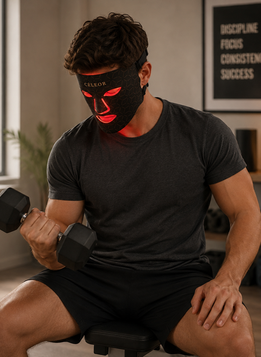 Man wearing the CÉLEOR mask after a workout